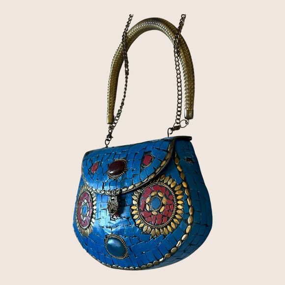 💙 VTG HIMALAYAN TIBETAN HANDMADE MOSAIC CLUTCH DETACHABLE SHOULDER CHAIN BLUE - Picture 2 of 11